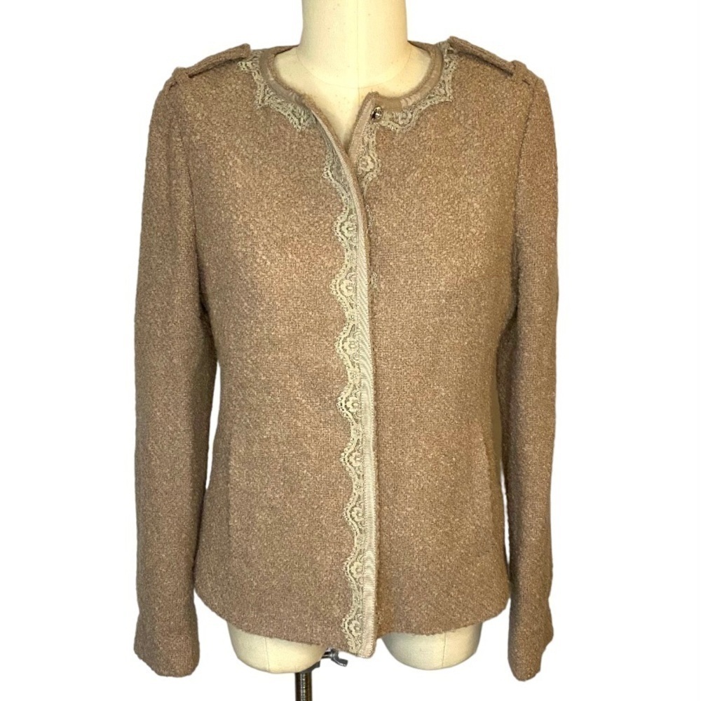 Banana Republic Pink Mauve Boucle Wool Lace Trim Snap Front Blazer Jacket 8 M